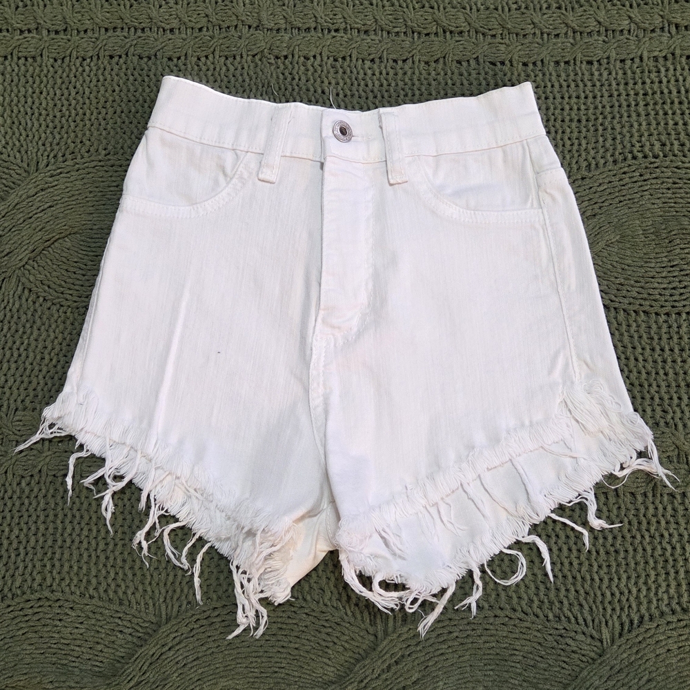 Gjg Denim Jean Cut Off Shorts White Distredd High Waisted
